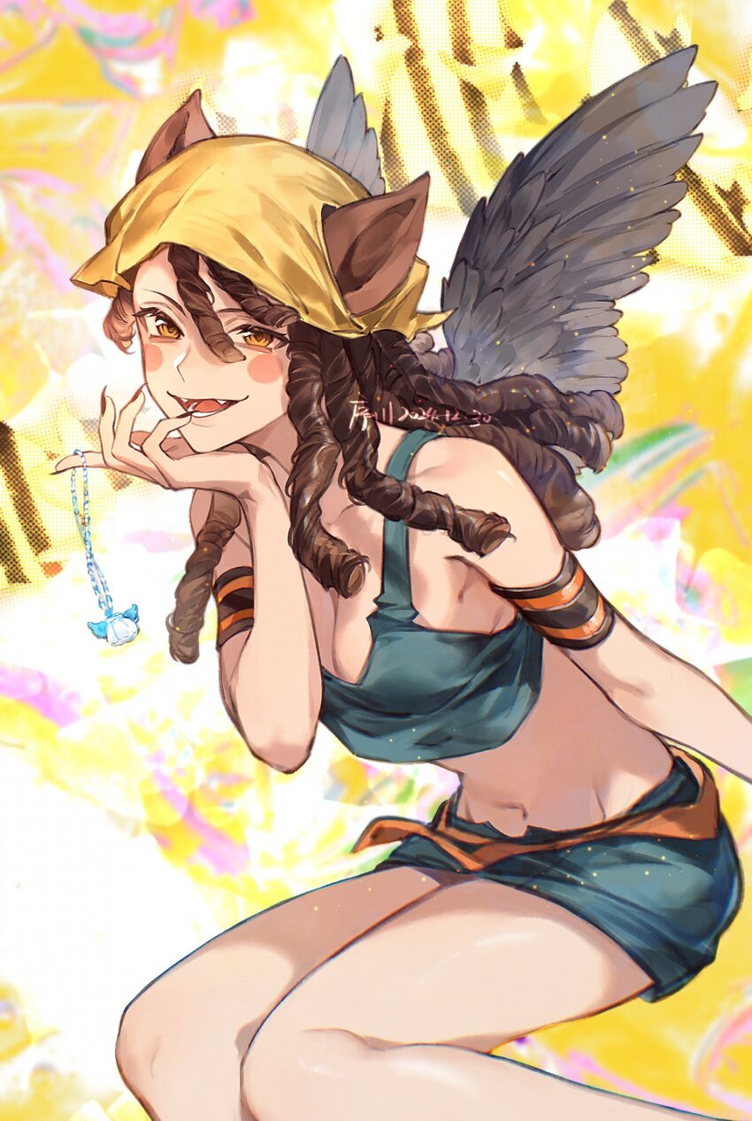 1girl animal_ears armlet bandana bare_shoulders belt black_nails black_wings blue_skirt blue_tank_top blush_stickers breasts brown_hair cleavage crop_top dreadlocks eriru fangs feathered_wings feet_out_of_frame fingernails hair_between_eyes hand_up head_rest highres holding holding_jewelry holding_necklace jewelry long_fingernails long_hair looking_at_viewer mermaid_melody_pichi_pichi_pitch midriff miniskirt nail_polish navel necklace open_mouth orange_belt shell shell_necklace sitting skirt smile solo tank_top teeth unworn_jewelry unworn_necklace wings xuchuan yellow_bandana yellow_eyes