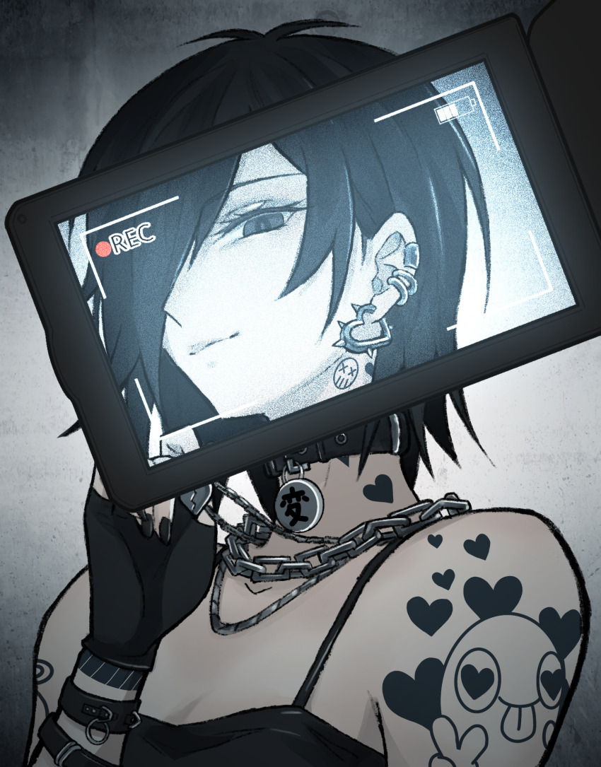 1girl bare_shoulders black_collar black_eyes black_gloves black_hair black_nails bracelet breasts broken_heart chain chain_necklace cleavage closed_mouth collar ear_piercing earrings fingerless_gloves gloves goth_fashion grey_background hair_over_one_eye heart heart_earrings heart_necklace highres jewelry looking_at_viewer medium_breasts nail_polish necklace original piercing recording shirt short_hair shoulder_tattoo sleeveless sleeveless_shirt smile solo spikes sushi_pizza_rrr tattoo upper_body video_camera