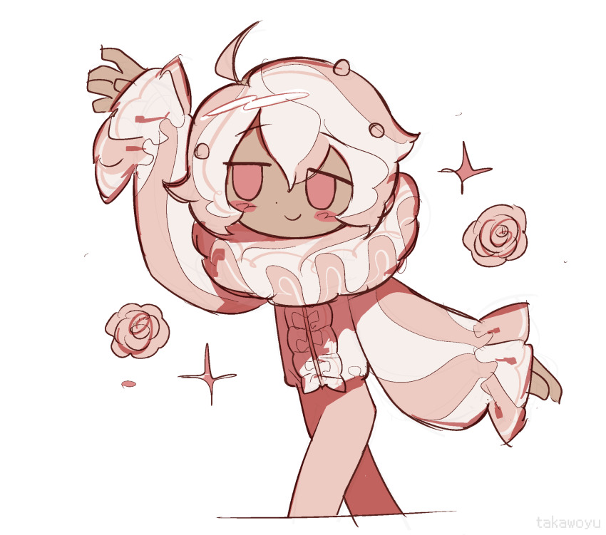 1boy ahoge arm_at_side arm_up artist_name center_frills closed_mouth commentary cookie_run cookie_run:_ovenbreak cropped_legs dot_nose english_commentary flower frilled_sleeves frills highres humanization long_sleeves male_focus multicolored_hair neck_ruff no_pupils no_sclera pants pink_eyes pink_flower pink_hair pink_pants pink_rose puffy_long_sleeves puffy_sleeves rose shirt short_hair simple_background smile solo sparkle takawoyu two-tone_hair whipped_cream_cookie white_background white_hair white_shirt