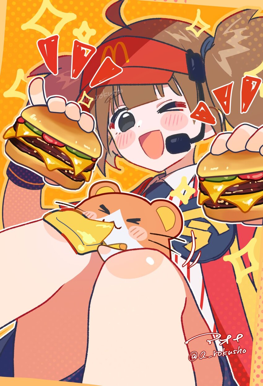&gt;_&lt; 1girl ;d ahoge animal_on_leg aoi_rokushou artist_name black_eyes blue_necktie blue_shorts blush_stickers brown_hair burger button_gap commentary eating employee_uniform fast_food_uniform food hamster hat headset highres holding holding_food imadake_dabuchi_tabemi imadake_dabuchi_tabesuke mcdonald&#039;s necktie notice_lines one_eye_closed open_mouth orange_background red_hat shirt short_hair shorts signature sitting smile solo sparkle striped_clothes striped_shirt symbol-only_commentary tasuki twintails twitter_username vertical-striped_clothes vertical-striped_shirt visor_cap white_shirt wing_collar wristband yellow_happi