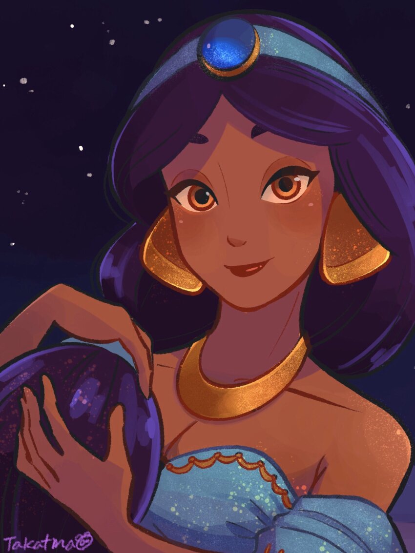 1girl aladdin_(movie) arabian_clothes bare_shoulders black_hair breasts brown_eyes brown_hair cleavage dark-skinned_female dark_skin earrings highres jasmine_(disney) jewelry long_hair looking_at_viewer necklace off_shoulder shirt smile solo takatmaorange very_long_hair