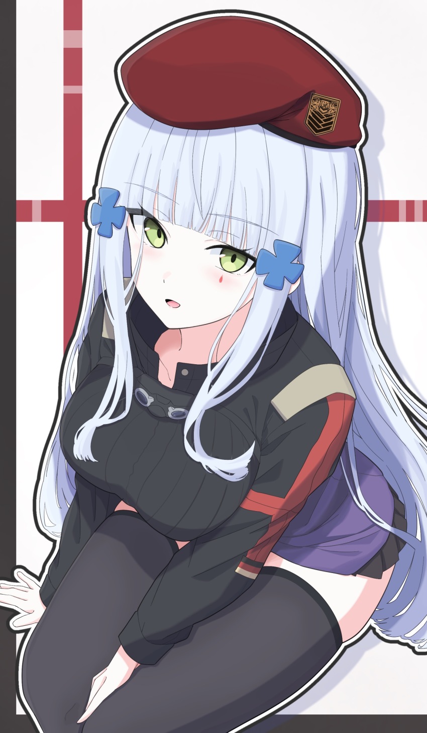 1girl absurdres black_jacket black_thighhighs blunt_bangs breasts clover_hair_ornament german_flag girls&#039;_frontline girls&#039;_frontline_2:_exilium green_eyes grey_hair griffin_&amp;_kryuger_logo hair_ornament hat highres hk416_(girls&#039;_frontline) jacket klukai_(girls&#039;_frontline_2) large_breasts long_hair long_sleeves looking_at_viewer open_mouth red_hat sidelocks skindentation solo teardrop_facial_mark thighhighs uchikata_takeaki
