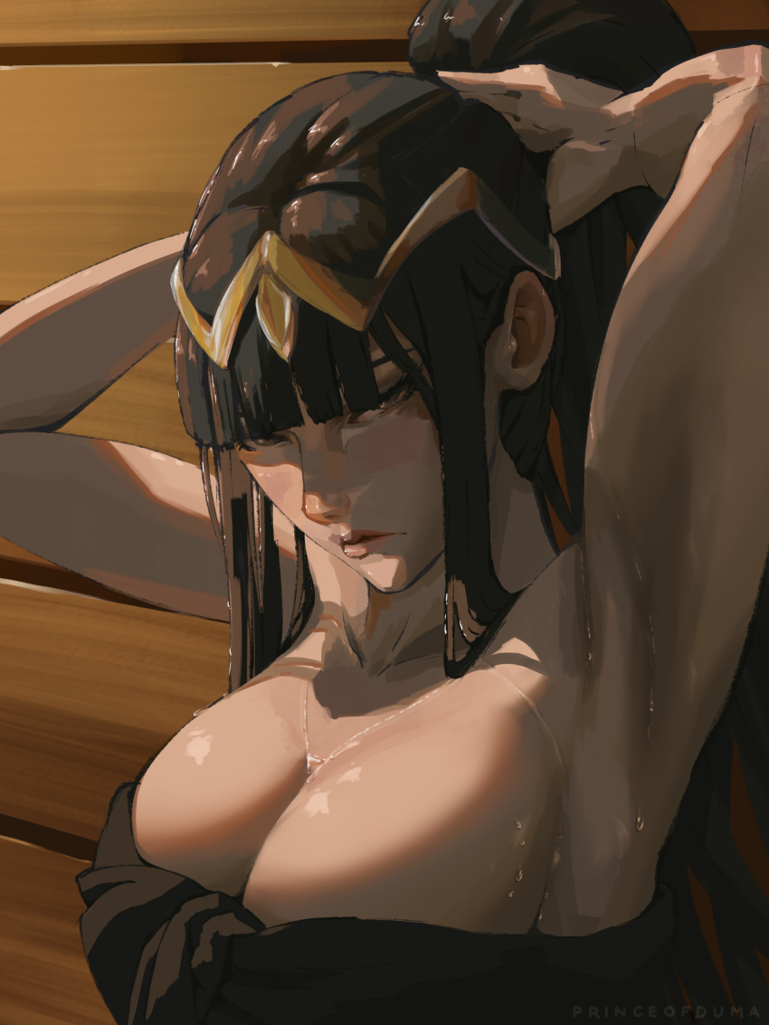 1girl absurdres adjusting_hair alternate_hairstyle armpits arms_behind_head arms_up black_hair blunt_bangs breasts cleavage fire_emblem fire_emblem_awakening highres large_breasts naked_towel nintendo partially_shaded_face ponytail princeofduma solo sweat tharja_(fire_emblem) tiara towel upper_body wet wet_hair