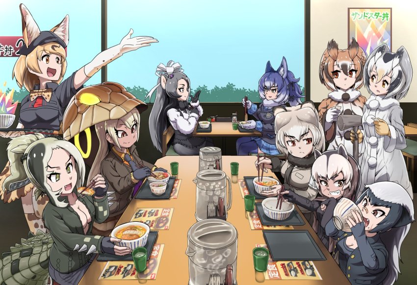 10s 6+girls animal_ears animal_print anteater_ears arm_up bad_id bad_twitter_id bandaid bandaid_on_face bandaid_on_nose bear_ears black_gloves black_hair black_neckwear blonde_hair blue_legwear blue_skirt bow bowtie breasts brown_coat brown_eyes brown_hair buttons chair chopsticks cleavage coat collared_shirt crocodilian_girl cup dark-skinned_female dark_skin dire_wolf_(kemono_friends) donburi eating elbow_gloves employee_uniform eurasian_eagle_owl_(kemono_friends) fang fingerless_gloves food food_on_face fur_collar fur_trim giant_anteater_(kemono_friends) gloves green_eyes grey_coat grey_hair grizzly_bear_(kemono_friends) gyuudon haegiwa_gonbee hair_between_eyes hat head_wings highres holding holding_chopsticks holding_staff holding_tray indoors japari_symbol kemono_friends king_cobra_(kemono_friends) long_hair long_sleeves looking_at_another meal_tickets menu miniskirt multicolored_hair multiple_girls nakau necktie northern_white-faced_owl_(kemono_friends) open_mouth oyakodon_(food) plaid_clothes plaid_sleeves pleated_skirt print_neckwear ratel_(kemono_friends) restaurant rice rice_on_face saltwater_crocodile_(kemono_friends) sandstar serval_(kemono_friends) shirt short_hair sideways_mouth sitting skirt smile staff sweatdrop table thighhighs tray very_long_hair white_gloves window wings wolf_ears wolverine_(kemono_friends) yellow_eyes yellow_gloves yunomi