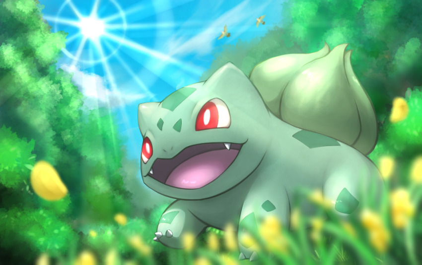 animal_focus blue_sky blurry blurry_foreground bright_pupils bulbasaur claws fangs flower forest gen_1_pokemon kaichi_(tomiyu25) light_rays nature nintendo no_humans nostrils open_mouth pidgey pokemon pokemon_(creature) red_eyes sky sunbeam sunlight white_pupils yellow_flower