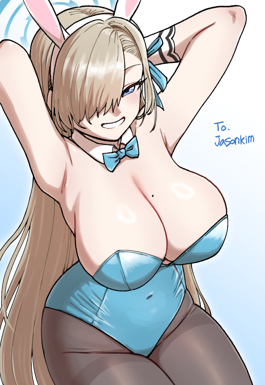 1girl animal_ears armpits arms_up asuna_(blue_archive) blonde_hair blue_archive blue_bow blue_bowtie blue_eyes blue_halo blue_leotard bow bowtie breasts fake_animal_ears gift_art grin hairband halo highres large_breasts leotard long_hair mole mole_on_breast nutkingcall pantyhose playboy_bunny rabbit_ears sitting smile solo very_long_hair white_hairband