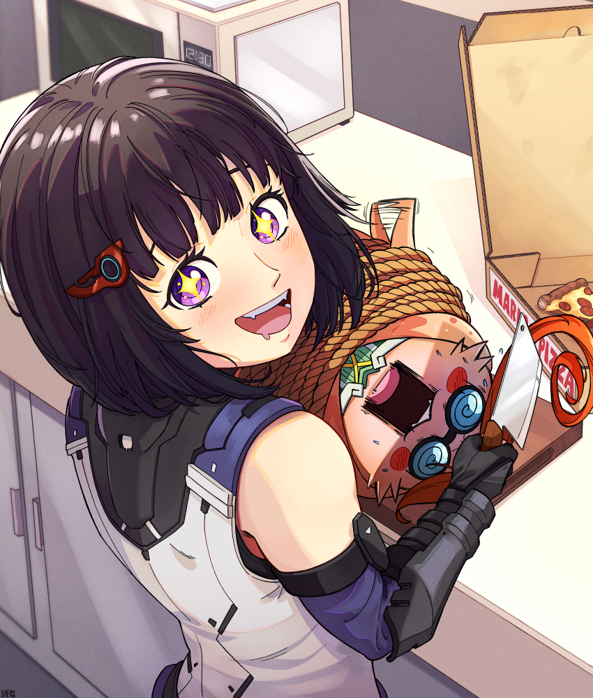 +_+ 1girl @_@ absurdres bare_shoulders black_gloves black_hair blush blush_stickers bound cleaver d: dapenpan drooling elbow_gloves fangs food gloves hair_ornament hairclip highres holding holding_cleaver indoors lin_lee_koo looking_at_viewer microwave mouth_drool nopon open_mouth pizza pizza_box pizza_slice purple_eyes short_hair sleeveless tied_up_(nonsexual) xenoblade_chronicles_(series) xenoblade_chronicles_x