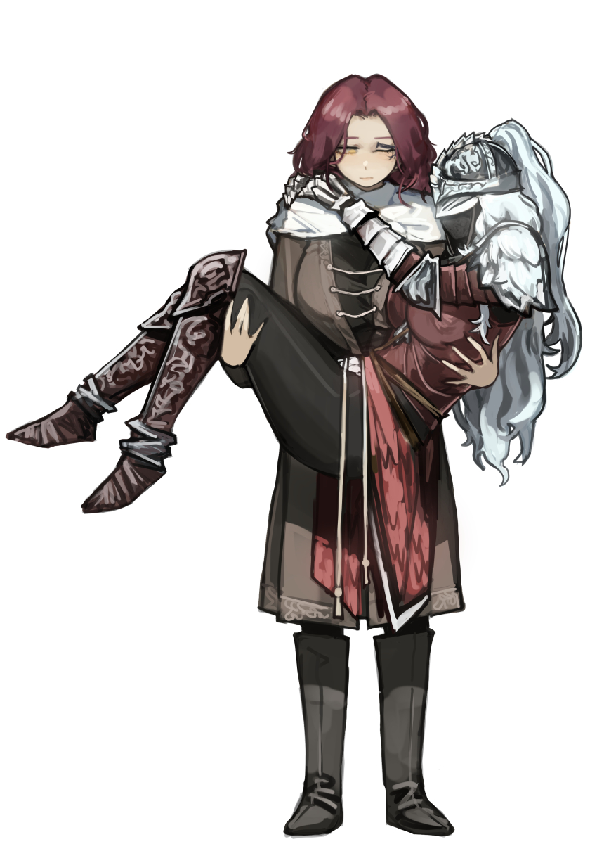 2girls absurdres armor armored_boots black_footwear bloody_wolf_(elden_ring) boots breastplate brown_dress brown_hair cape carrying closed_mouth commentary_request dress elden_ring expressionless facial_tattoo full_armor gauntlets helmet highres long_hair looking_at_another melina_(elden_ring) miao_jiangyou multiple_girls one_eye_closed princess_carry simple_background tarnished_(elden_ring) tattoo white_background white_cape yellow_eyes