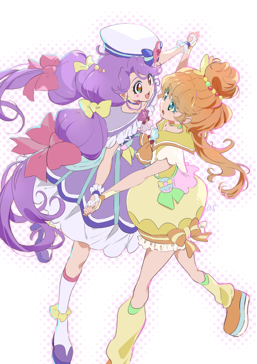 2girls :d absurdres aqua_eyes artist_name bow brown_eyes bubble_skirt butterfly_hair_ornament choker clothing_cutout colored_eyelashes commentary_request cure_coral cure_papaya dress dress_bow earrings facial_mark foreshortening gasp gloves green_eyes hair_bobbles hair_bow hair_bun hair_intakes hair_ornament hat heart heart_cutout heart_facial_mark heart_in_eye highres holding_hands ichinose_minori interlocked_fingers jewelry leg_warmers long_hair looking_at_another low_twintails magical_girl mismatched_eyelashes multi-tied_hair multicolored_eyes multicolored_hair_bobbles multiple_girls multiple_hair_bows neckerchief open_mouth orange_hair orange_shoes outstretched_arms pink_bow polka_dot polka_dot_background pouch precure purple_choker purple_dress purple_hair purple_sailor_collar sailor_collar sailor_hat shipu_(gassyumaron) shoes single_hair_bun skirt smile socks spread_arms suzumura_sango symbol_in_eye thick_eyelashes tropical-rouge!_precure twintails very_long_hair white_gloves yellow_bow yellow_choker yellow_dress yellow_gloves yellow_sailor_collar