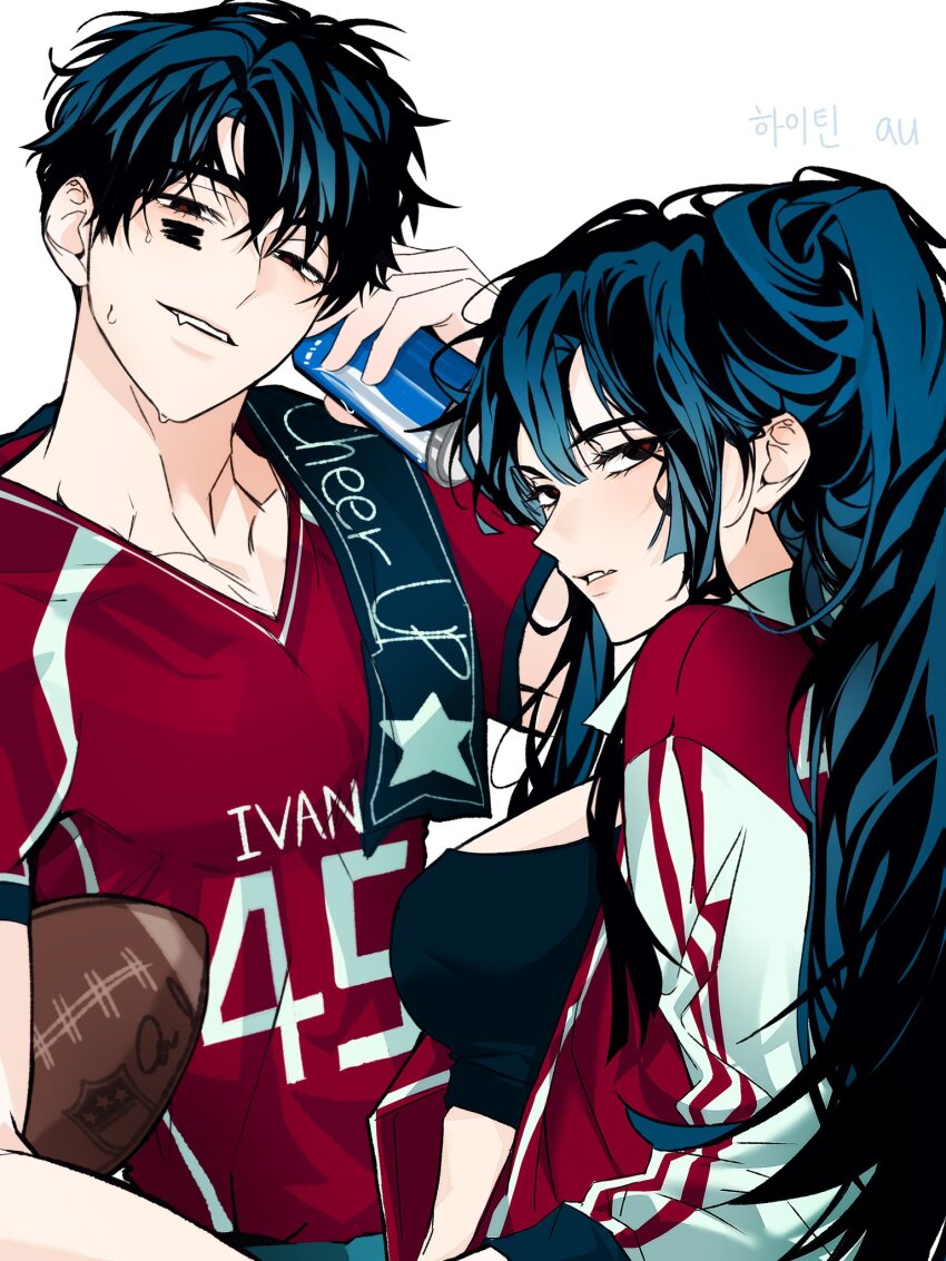 1boy 1girl alien_stage american_football_(object) american_football_uniform ball black_eyes black_hair black_sports_bra can commentary eye_black fang genderswap genderswap_(mtf) hashtag-only_commentary high_ponytail highres holding holding_ball holding_can ivan_(alien_stage) jacket jersey letterman_jacket long_hair long_sleeves nyugi0v0 parted_lips ponytail red_pupils red_shirt shirt short_hair short_sleeves sidelocks skin_fang sports_bra sportswear sweat very_short_hair