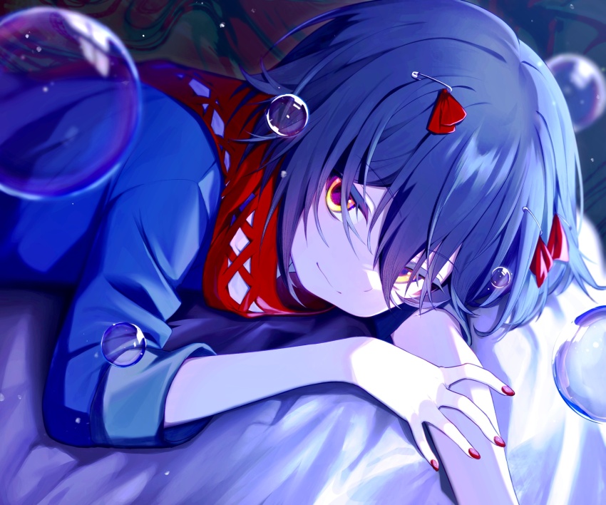 1boy androgynous blue_hair blue_shirt blue_theme bubble colored_eyelashes dodonpa_tuyoi hair_between_eyes highres looking_at_viewer lying male_focus mashiro_meme mashiro_meme_(1st_costume) nijisanji on_stomach pale_skin red_nails safety_pin_hair_ornament scarf shirt smile solo trap virtual_youtuber yellow_eyes
