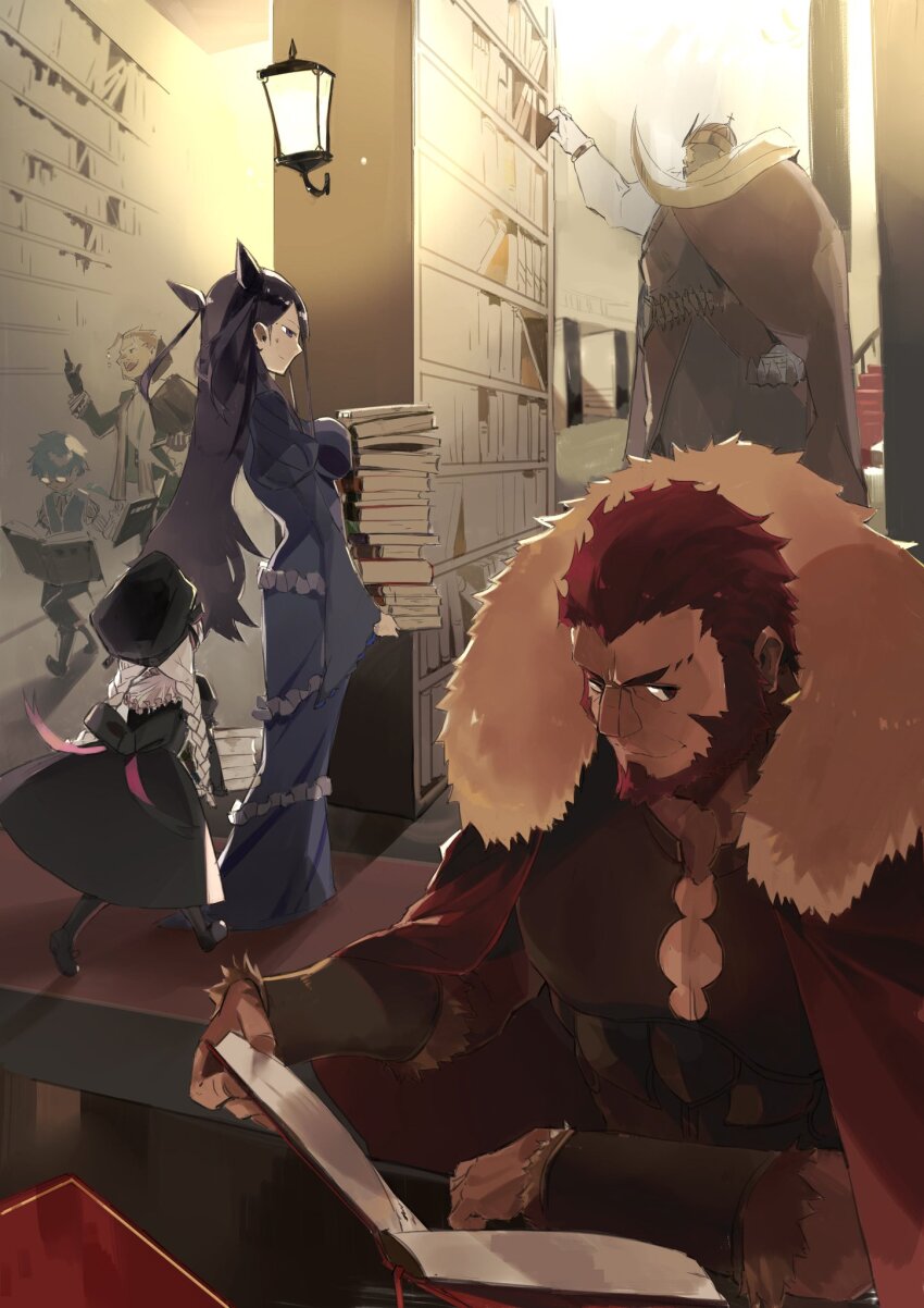 2girls 4boys armor bara beard big_nose book breastplate breasts cape child crown dark-skinned_male dark_skin facial_hair fate/grand_order fate_(series) floating floating_book floating_object front_slit fur-trimmed_cape fur_trim glasses hans_christian_andersen_(fate) highres holding holding_book index_finger_raised iskandar_(fate) ivan_the_terrible_(fate) large_breasts large_pectorals library long_hair looking_at_viewer mature_male monster_boy multiple_boys multiple_girls murasaki_shikibu_(fate) muscular muscular_male nursery_rhyme_(fate) opaque_glasses open_book pectoral_cleavage pectorals rathalosx4 red_cape red_eyes red_hair seductive_smile short_hair smile talking thick_eyebrows tusks walking william_shakespeare_(fate)