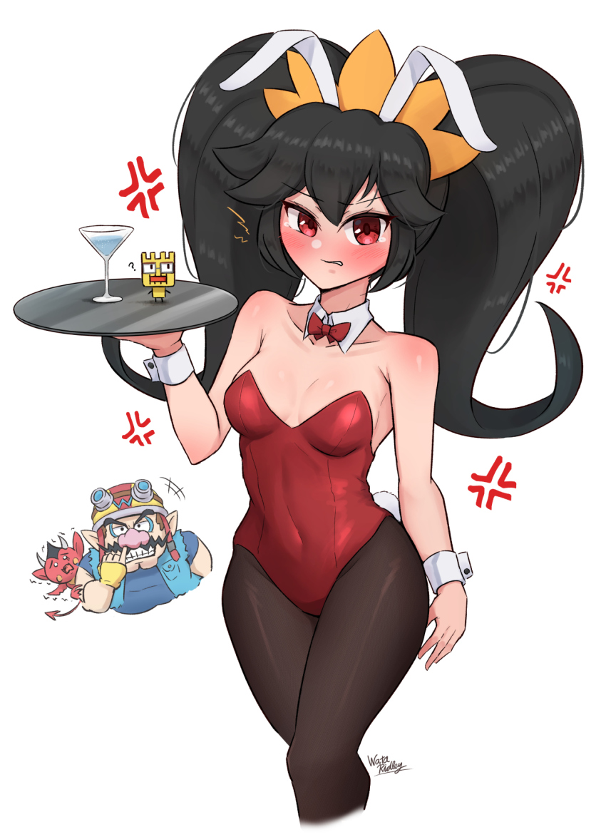 1boy 1girl ? anger_vein animal_ears arm_at_side ashley_(warioware) bare_arms bare_shoulders black_hair black_pantyhose blue_shirt blush bow bowtie breasts breasts_apart cocktail_glass collarbone commentary covered_navel cowboy_shot cup demon detached_collar drinking_glass facial_hair fake_animal_ears fake_tail gloves goggles goggles_on_head hair_between_eyes highleg highleg_leotard highres holding holding_tray leotard long_hair looking_at_viewer medium_breasts mustache nintendo nose_picking pantyhose parted_lips playboy_bunny pointy_ears rabbit_tail red_bow red_bowtie red_eyes red_leotard shirt short_sleeves sidelocks signature simple_background strapless strapless_leotard tail teeth tray trembling twintails v-shaped_eyebrows vest wakaba_(wata_ridley) wario warioware white_background wrist_cuffs yellow_gloves