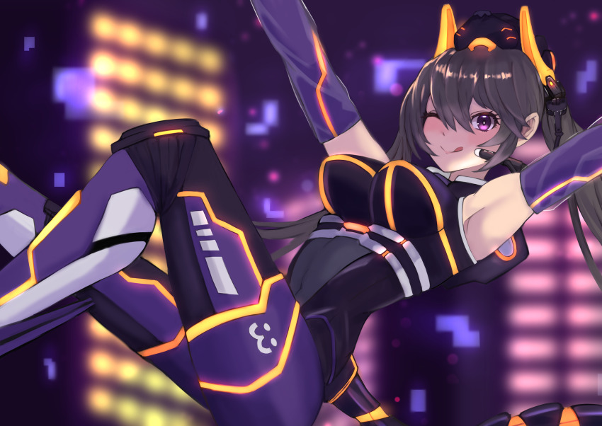 1girl ;p absurdres armpits arms_up blush breasts brown_hair closed_mouth duel_monster elbow_gloves fullborem gloves hair_between_eyes headgear highres i:p_masquerena large_breasts long_hair looking_at_viewer official_alternate_costume one_eye_closed purple_eyes smile solo thighs tongue tongue_out twintails yu-gi-oh!