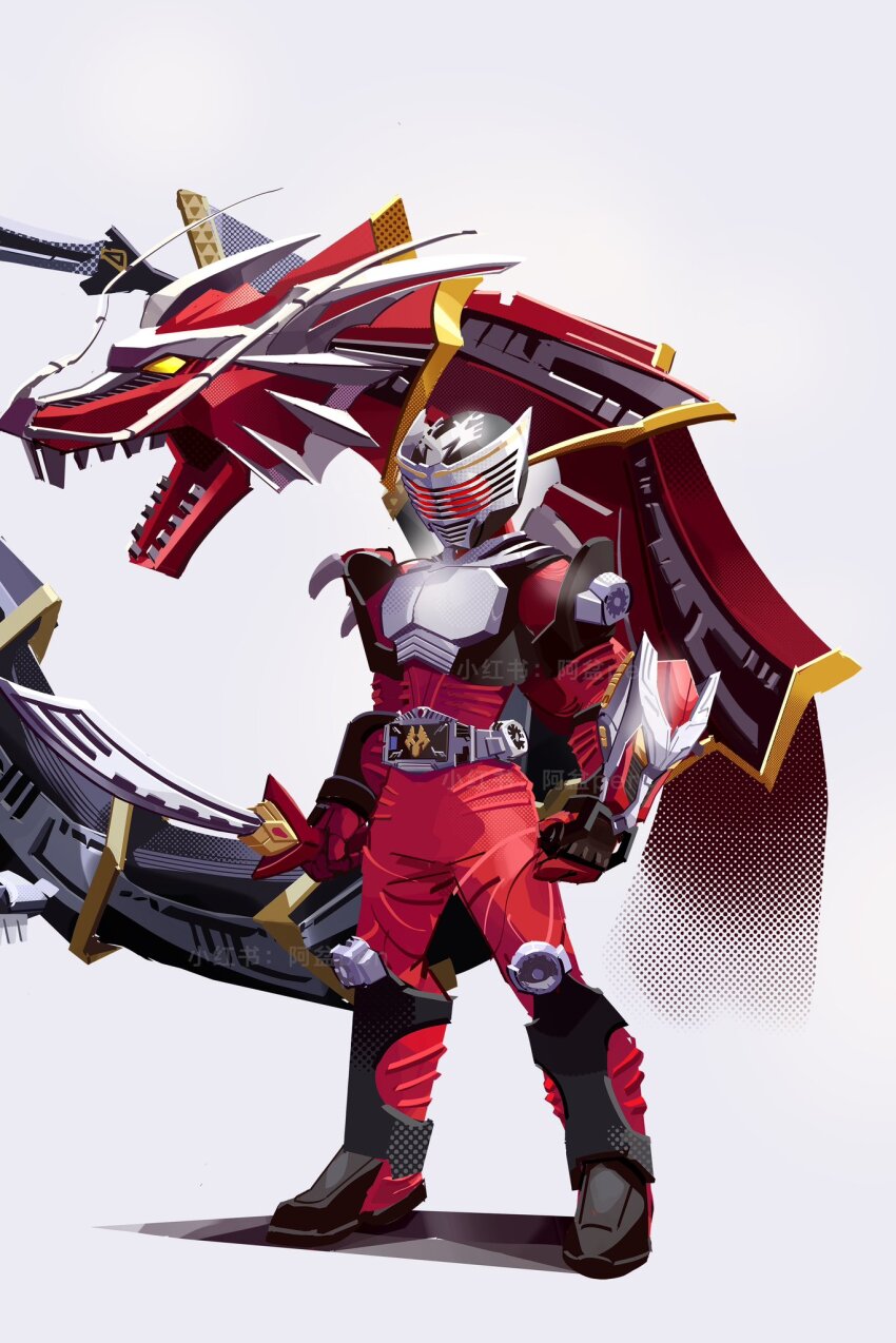 1boy armor belt bodysuit compound_eyes contract_monster dragon dragreder dragvisor eastern_dragon gloves heisei helmet highres kamen_rider kamen_rider_ryuki kamen_rider_ryuki_(series) looking_at_viewer male_focus mask non-humanoid_robot penpenhuihui red_bodysuit red_eyes rider_belt robot robot_dragon sharp_teeth standing teeth tokusatsu v_buckle yellow_eyes