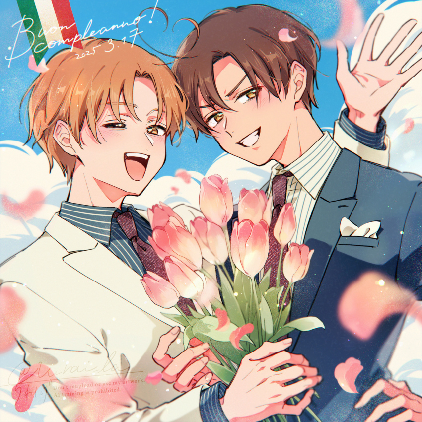 2boys ahoge artist_name axis_powers_hetalia blue_jacket blue_shirt blue_sky bouquet brothers brown_hair cloud cloudy_sky collared_shirt dated day fingernails flower hair_between_eyes hand_on_own_hip hand_up highres holding holding_bouquet italian_flag italian_text jacket lanzhu lapels long_sleeves looking_at_viewer male_focus multiple_boys necktie northern_italy_(hetalia) one_eye_closed orange_eyes orange_hair outdoors petals pink_flower pink_tulip purple_necktie shirt short_hair siblings sky smile southern_italy_(hetalia) striped_clothes striped_shirt suit_jacket teeth tulip twins upper_body v-shaped_eyebrows white_jacket white_shirt yellow_eyes