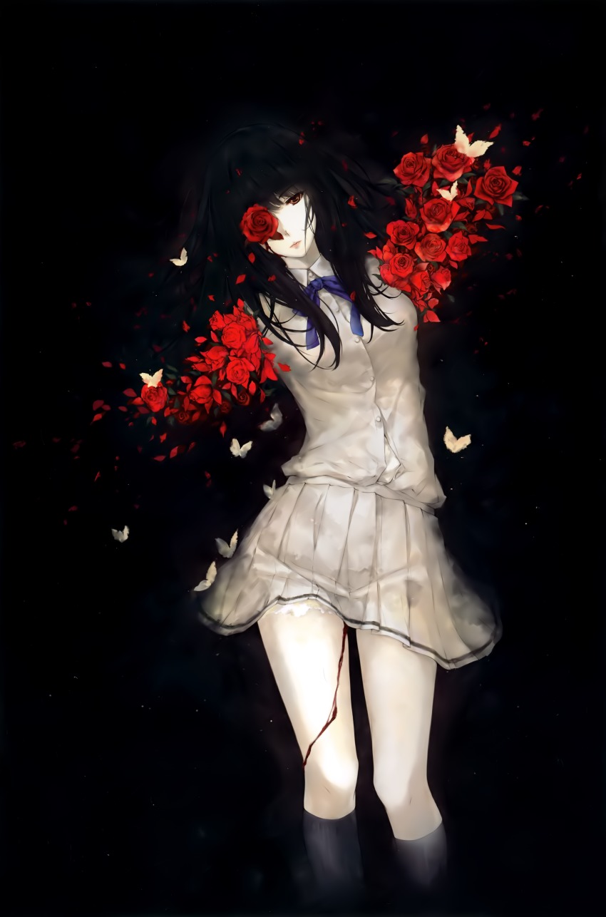 1girl absurdres black_hair black_socks black_theme blood bug butterfly female_focus flower highres insect kara_no_shoujo kneehighs kuchiki_touko long_hair pleated_skirt red_eyes red_theme rose school_uniform serafuku skirt socks solo sugina_miki
