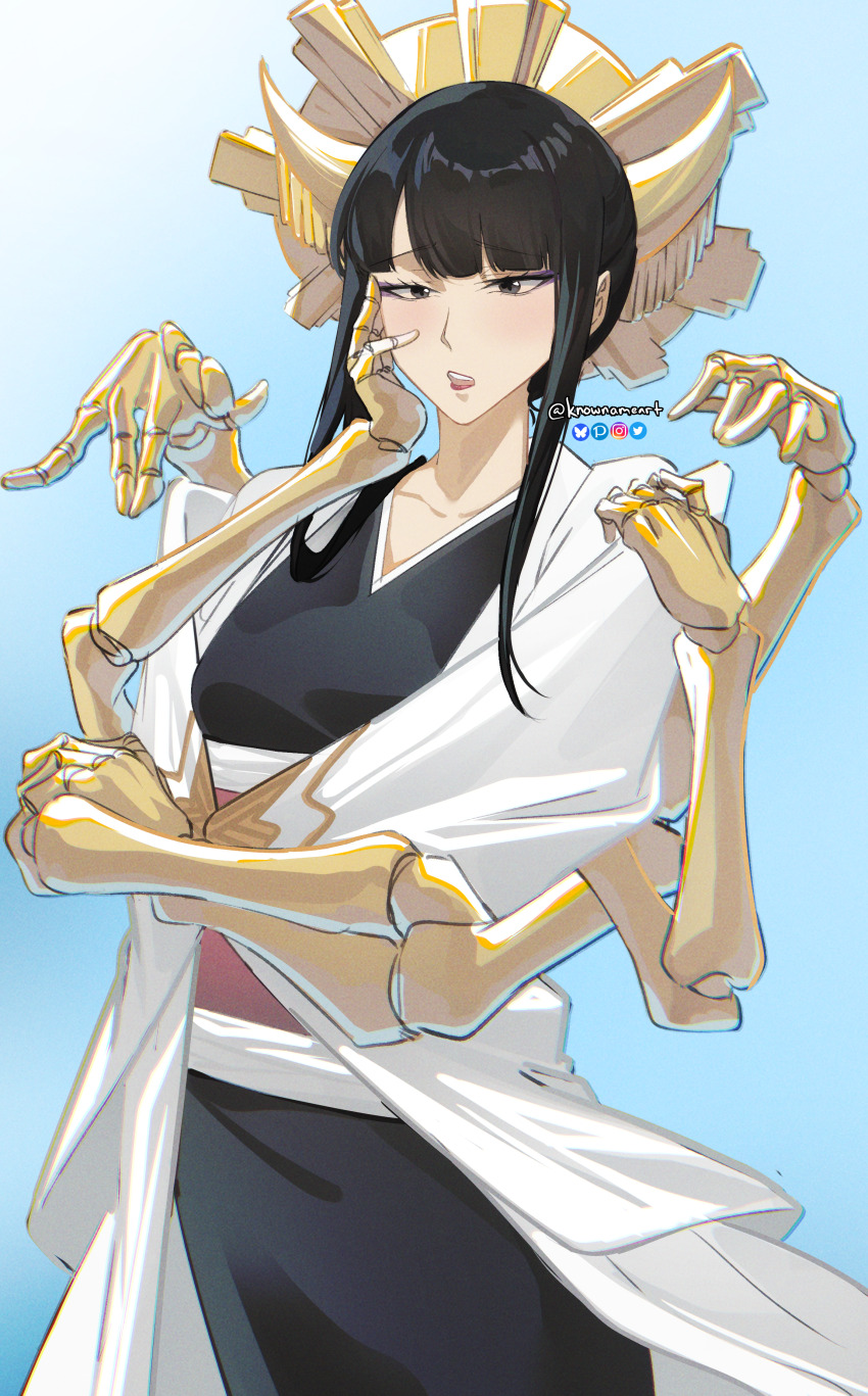 1girl absurdres artist_name black_hair bleach bleach:_sennen_kessen-hen breasts female_focus hair_ornament hand_on_own_cheek hand_on_own_face highres japanese_clothes knowname lips medium_breasts medium_hair multiple_arms pixiv_username shihakusho shutara_senjumaru simple_background twitter_username