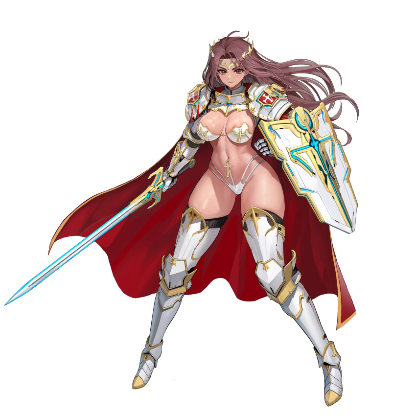 1girl adhesive_bra ahoge arm_shield armor armored_boots bikini bikini_armor bikini_under_clothes boots bra breasts cape circlet couter cross cuisses dark-skinned_female dark_skin ear_piercing female_knight full_body game_cg gauntlets gluteal_fold gold_trim gorget greaves highres holding holding_sword holding_weapon knight large_breasts last_origin light_smile linea_alba lips long_hair looking_at_viewer machinery naked_armor navel navel_piercing o-ring o-ring_bottom o-ring_top official_alternate_costume official_art pauldrons piercing poleyn prester_johanna red_cape red_eyes red_hair rerebrace revealing_clothes sabaton shield shoulder_armor skindentation solo strapless strapless_bra swimsuit sword tabard tachi-e taesi thick_eyebrows thick_thighs thighs thong transparent_background underwear vambraces very_long_hair weapon white_armor white_bra