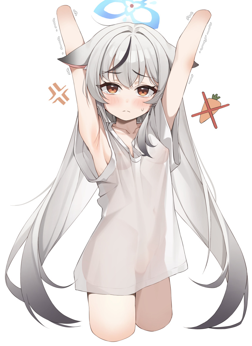 1girl absurdres alternate_costume anger_vein animal_ears armpit_crease armpits arms_behind_head arms_up blue_archive blue_halo blush bottomless breasts brown_eyes carrot closed_mouth collarbone commentary_request covered_erect_nipples covered_navel cowboy_shot cropped_arms cropped_legs crying crying_with_eyes_open dot_nose embarrassed frown hair_between_eyes halo highres kokona_(blue_archive) loli long_hair looking_at_viewer multicolored_hair see-through_clothes see-through_shirt shirt short_sleeves sideboob simple_background single_bare_shoulder small_breasts solo split_mouth streaked_hair sweatdrop t-shirt tears thighs trembling um_111 variant_set very_long_hair white_background white_hair white_shirt