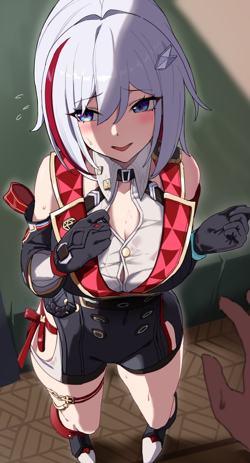1girl absurdres bed bedroom black_gloves blue_eyes blush boots breasts button_gap buttons cleavage cleavage_cutout clothing_cutout collar_tabs collared_shirt detached_collar detached_sleeves embarrassed full_body gloves grey_hair hair_between_eyes hair_ornament highres honkai:_star_rail honkai_(series) large_breasts looking_to_the_side medium_hair multicolored_eyes multicolored_hair open_mouth parted_lips ry_(mmm_st_bbb2) shirt sidelocks streaked_hair sweat thigh_strap thighs topaz_(honkai:_star_rail) wristband