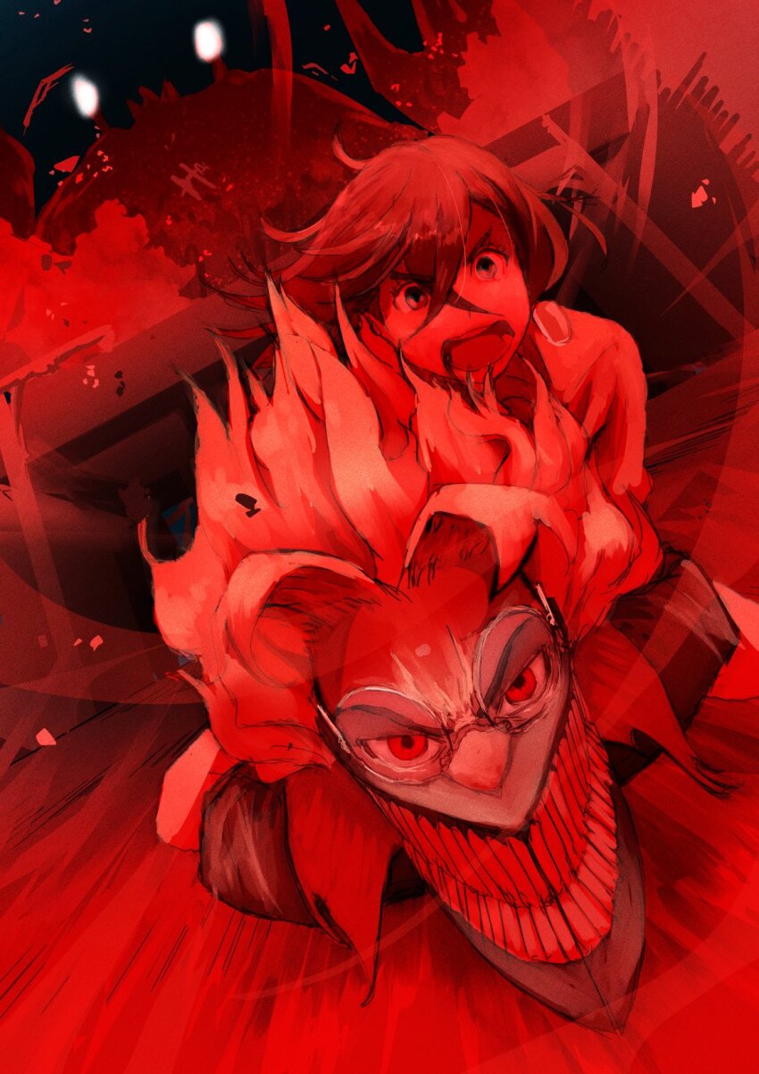 1boy 1girl aabbbbbbcccdd alternate_form ayase_momo commentary_request dandadan dust_cloud earrings earthbound_spirit_crab_(dandadan) full_body ghost glasses hair_between_eyes highres jewelry mask motion_lines mouth_mask night night_sky open_mouth outdoors red_theme round_eyewear running serious short_hair sky speed_lines takakura_ken_(dandadan) takakura_ken_(transformed)_(dandadan) transformation