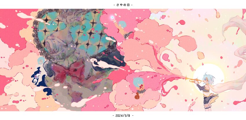 1girl abstract absurdres bcarr116 blue_hair bow cape dated floating_cape from_side gloves glowing hair_ornament heart helmet highres instrument mahou_shoujo_madoka_magica mahou_shoujo_madoka_magica_(anime) miki_sayaka miki_sayaka_(magical_girl) music oktavia_von_seckendorff pink_theme plaid_clothes plaid_skirt playing_instrument red_bow school_uniform short_hair skirt smoke soul_gem translation_request trumpet white_cape white_gloves witch_(madoka_magica)