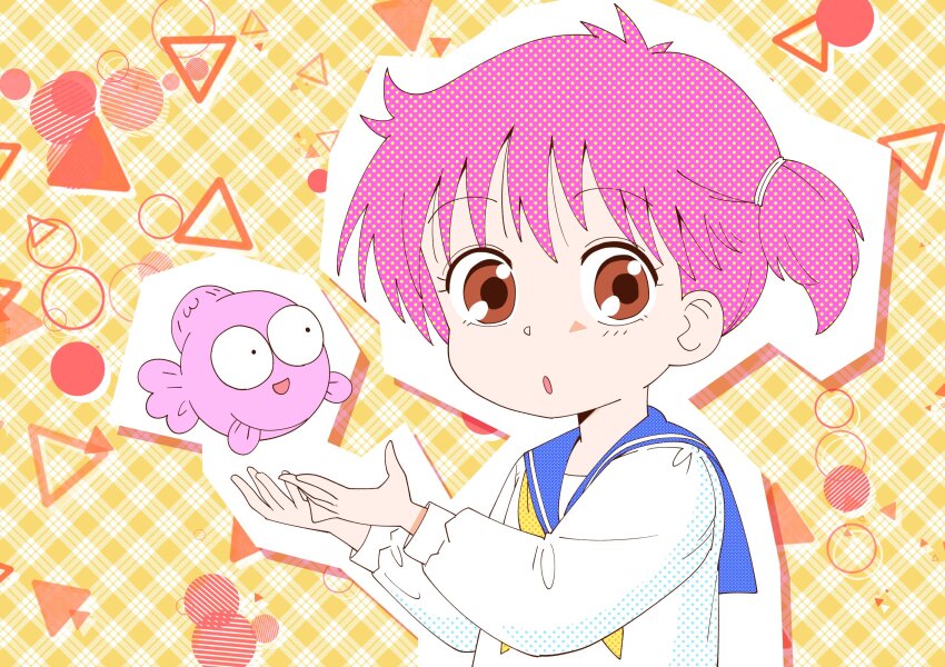 1girl brown_eyes child fish gyopi highres kingyo_chuuihou! looking_at_viewer open_mouth pink_hair school_uniform serafuku short_hair side_ponytail toku_sonchou wapiko