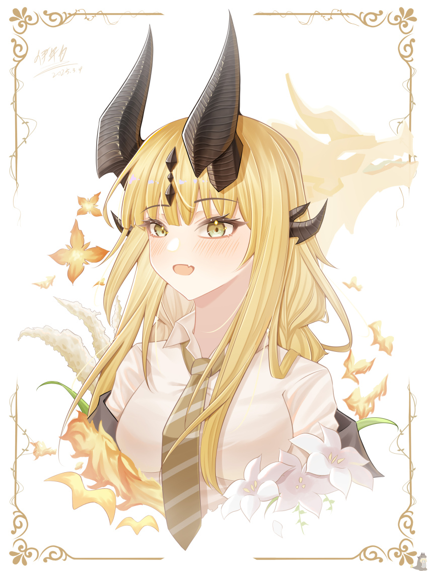 1girl :d absurdres airtair arknights black_horns blonde_hair blush border chinese_commentary collared_shirt commentary_request cropped_torso dated diagonal-striped_clothes diagonal-striped_necktie fang green_eyes green_necktie highres horns long_hair necktie open_mouth ornate_border partial_commentary reed_(arknights) shirt skin_fang smile solo striped_clothes white_background white_shirt