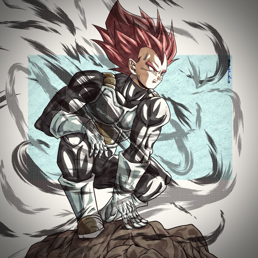 1boy armor aura black_bodysuit bodysuit boots dragon_ball dragon_ball_super full_body gloves highres male_focus medium_hair noir_illust red_eyes red_hair saiyan_armor solo spiked_hair super_saiyan super_saiyan_god vegeta white_armor white_boots white_gloves