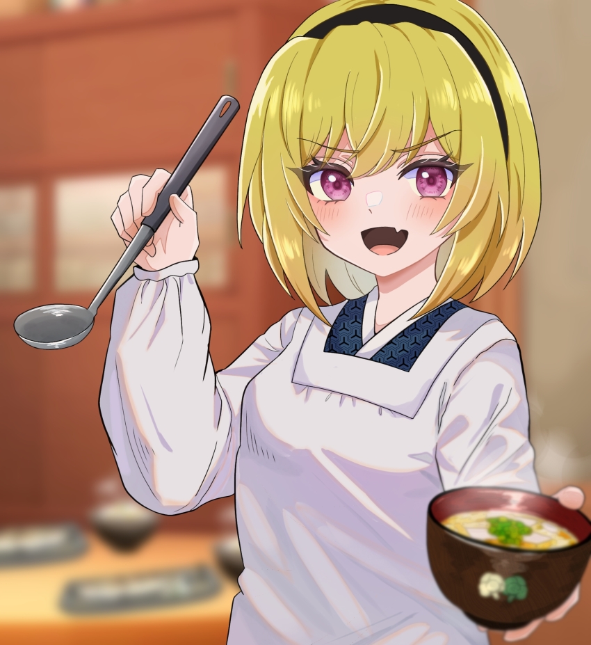 1girl :d alternate_costume black_hairband blonde_hair blurry blurry_background bowl breasts commentary_request commission dress fang hairband highres higurashi_no_naku_koro_ni holding holding_bowl holding_ladle houjou_satoko ladle long_sleeves looking_at_viewer miso_soup open_mouth puffy_long_sleeves puffy_sleeves purple_eyes short_hair skeb_commission skin_fang small_breasts smile solo upper_body white_dress yuno_ff