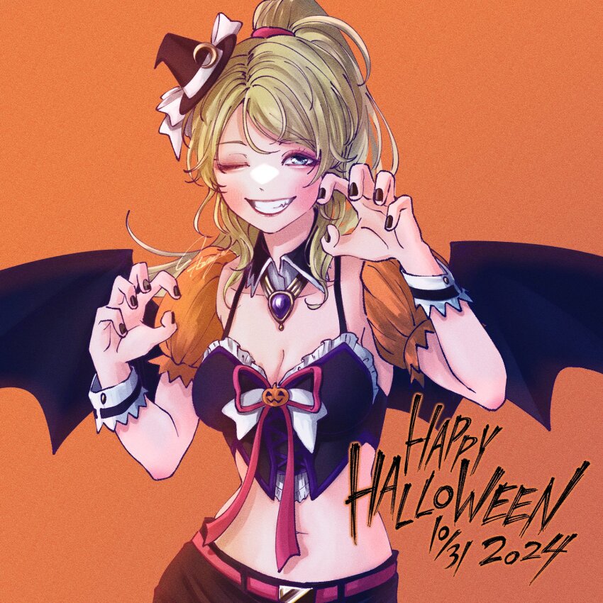 1girl ayase_eli bat_wings black_nails blonde_hair blue_eyes breasts cleavage commentary dancing_stars_on_me! dated fang halpng happy_halloween hat high_ponytail highres long_hair looking_at_viewer love_live! love_live!_school_idol_festival love_live!_school_idol_project midriff navel one_eye_closed orange_background ponytail solo upper_body wings witch_hat