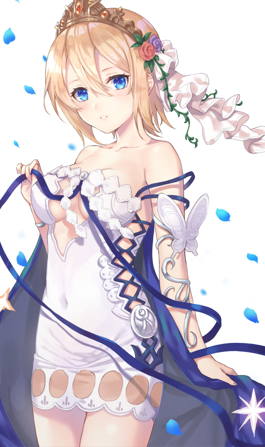 1girl bare_shoulders blonde_hair blue_cape blue_eyes breasts cape cleavage collarbone commentary_request covered_navel dress europa_(granblue_fantasy) female_focus fingernails flower granblue_fantasy hair_between_eyes hair_flower hair_ornament hair_ribbon highres kon_(k0n16) medium_breasts nail_polish parted_lips petals purple_flower purple_rose red_flower red_rose ribbon rose short_dress short_hair simple_background sleeveless sleeveless_dress solo strap_slip tiara white_background white_dress white_ribbon