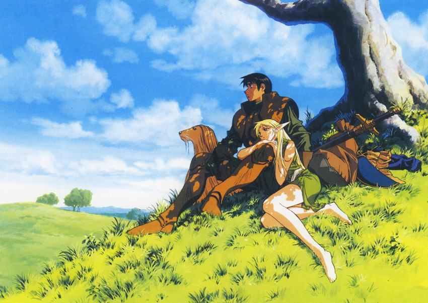 1990s_(style) 1boy 1girl armored_boots barefoot blonde_hair boots unworn_boots day deedlit unworn_footwear hill long_hair nature official_art outdoors parn_(lodoss) pointy_ears record_of_lodoss_war retro_artstyle sack sheath sheathed sitting sword weapon yuuki_nobuteru