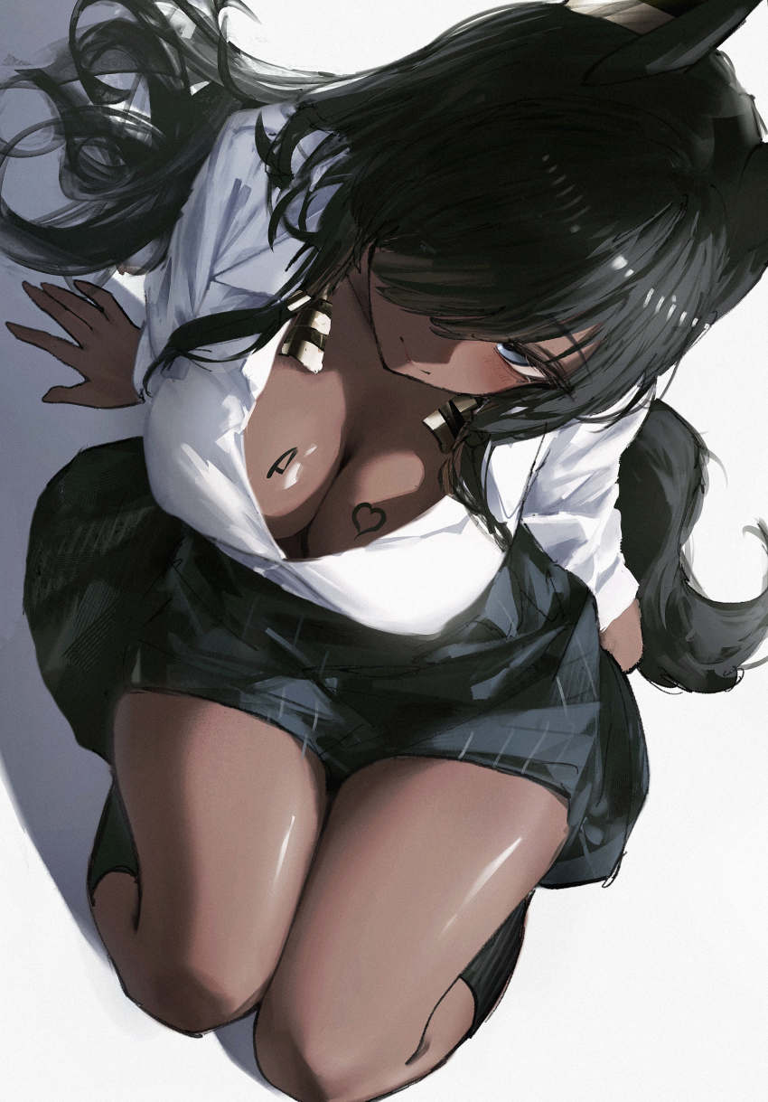 1girl absurdres animal_ears black_hair black_skirt black_socks blue_eyes breasts cleavage commentary dark-skinned_female dark_skin downblouse english_commentary from_above greedice hair_over_one_eye highres legs_together light_blush long_hair looking_at_viewer medium_breasts original parted_bangs partially_unbuttoned saitias_(greedice) shirt skirt socks solo tail very_long_hair white_background white_shirt