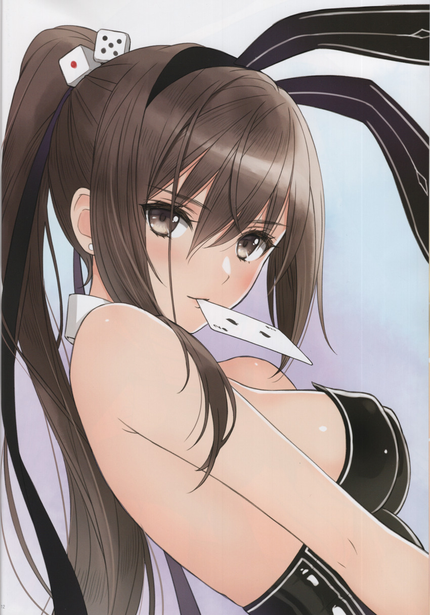 1girl absurdres animal_ears bare_shoulders blush breasts brown_eyes brown_hair card dice dice_hair_ornament earrings fake_animal_ears from_side gradient_background hair_ornament high_ponytail highres jewelry light_smile long_hair looking_at_viewer maxima_sakuya_enfield medium_breasts mouth_hold page_number ponytail rabbit_ears scan shining_(series) shining_hearts shiny_skin sideboob smile solo tony_taka upper_body