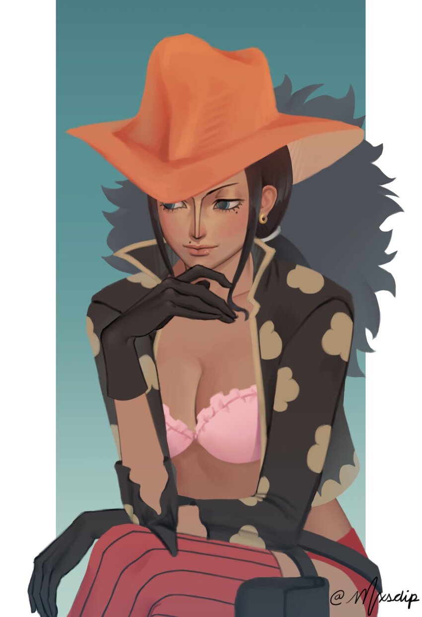 1girl black_gloves blue_eyes bra commentary cropped_jacket crossed_legs earrings english_commentary gloves hat hat_feather highres jewelry light_smile looking_to_the_side mole mole_under_eye mxsdip nico_robin one_piece one_piece_film:_z orange_hat pink_bra ponytail pouch sitting solo thigh_pouch thighhighs twitter_username underwear