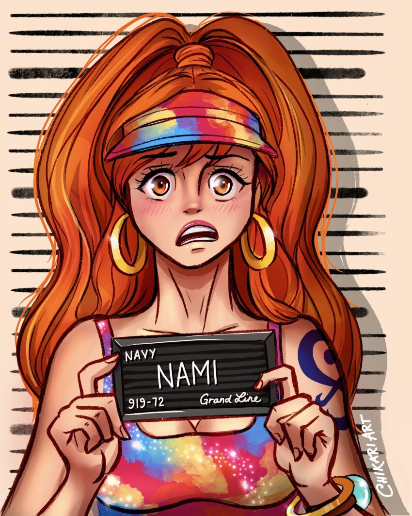 1girl arm_tattoo barbie_(franchise) barbie_(live_action) barbie_mugshot_(meme) blush bracelet chikariart commentary earrings highres holding hoop_earrings jewelry log_pose looking_at_viewer meme nami_(one_piece) one_piece open_mouth orange_hair ponytail tattoo visor_cap