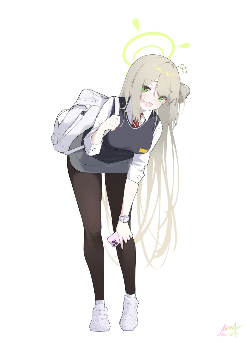 absurdres alternate_costume backpack bag black_pantyhose blue_archive green_eyes green_hair green_halo grey_skirt grey_sweater_vest halo highres holding holding_bag looking_at_viewer mona_kkkk necktie nonomi_(blue_archive) pantyhose red_necktie school_uniform shirt simple_background skirt socks sweater_vest white_background white_bag white_necktie white_shirt