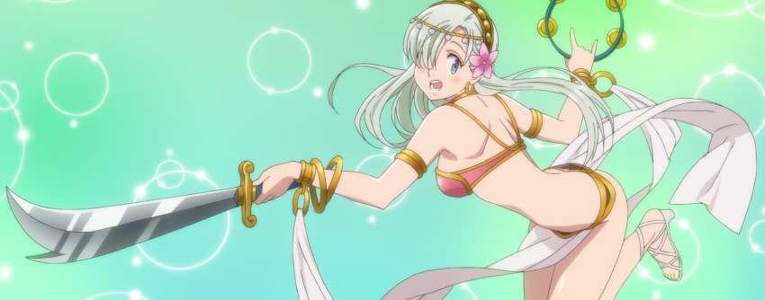 1girl anime_screenshot blue_eyes breasts elizabeth_liones hair_over_one_eye highres nanatsu_no_taizai open_mouth platinum_hair revealing_clothes simple_background smile stitched sword third-party_edit weapon