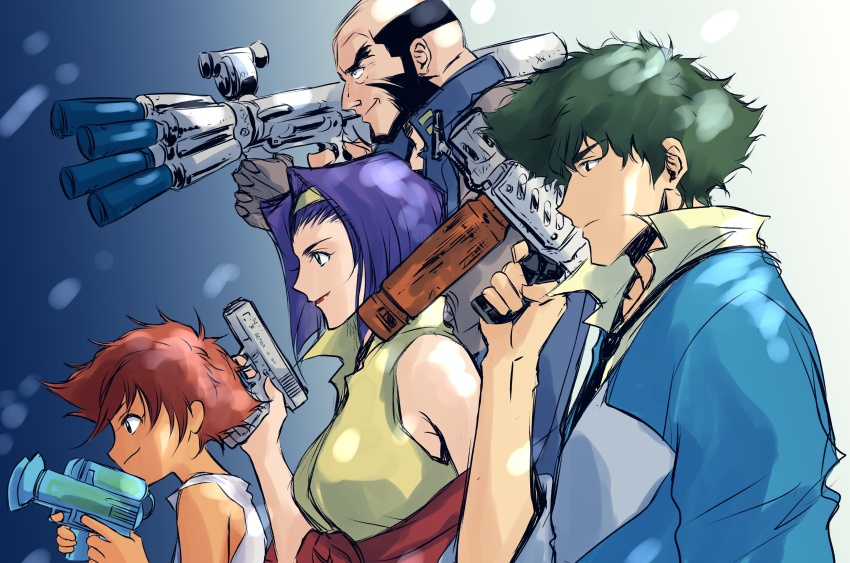 2boys 2girls absurdres beard breasts cowboy_bebop edward_wong_hau_pepelu_tivrusky_iv facial_hair faye_valentine glock green_hair gun hairband handgun highres jet_black large_breasts multiple_boys multiple_girls necktie orange_hair purple_hair spike_spiegel tobalin weapon yellow_hairband