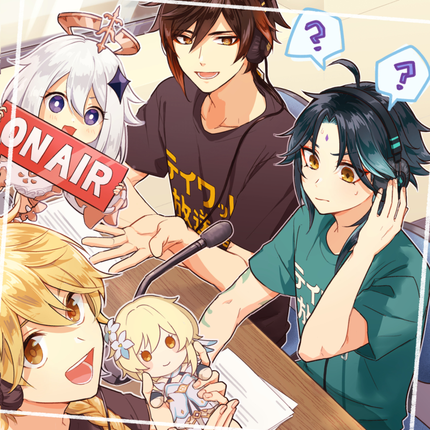1girl 3boys :d ? aether_(genshin_impact) ahoge antenna_hair blue_eyes blush braid character_doll closed_mouth commentary_request eyeliner facial_mark floating forehead_mark genshin_impact gradient_hair hair_ornament halo headphones highres looking_at_viewer lumine_(genshin_impact) mapogeso mechanical_halo microphone multicolored_hair multiple_boys open_mouth orange_eyes orange_hair paimon_(genshin_impact) red_eyeliner shirt short_sleeves single_braid sitting smile star_(symbol) star_hair_ornament table xiao_(genshin_impact) yellow_eyes zhongli_(genshin_impact)