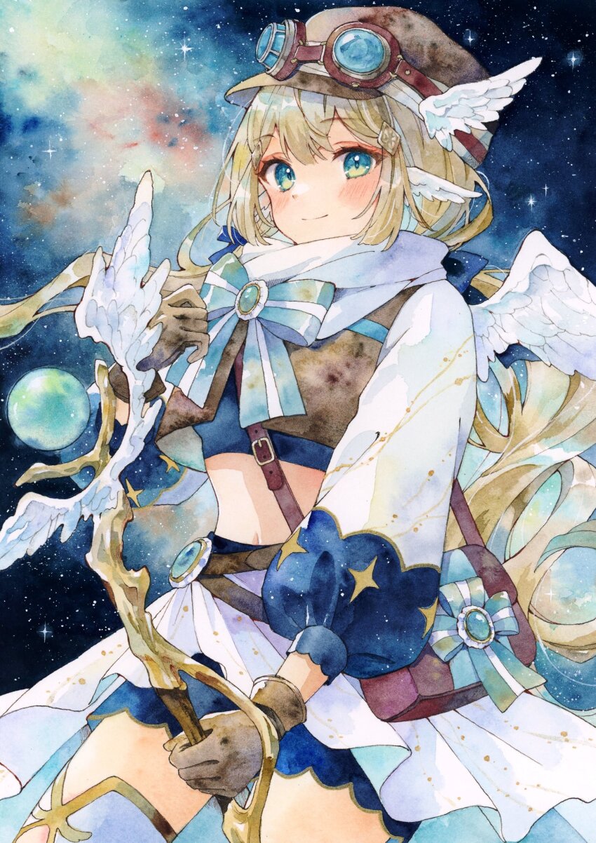 1girl aqua_ribbon bag blonde_hair blue_eyes blue_shirt blue_shorts blush breasts brown_bag brown_gloves brown_hat buckle closed_mouth commentary_request cowboy_shot crop_top diamond_hair_ornament ear_wings gloves goggles goggles_on_headwear handbag hat high-low_skirt highres holding jewelry long_hair long_sleeves looking_at_viewer midriff navel original painting_(medium) pointy_ears puffy_long_sleeves puffy_sleeves ribbon shirt shorts skirt small_breasts smile solo space star_(sky) thighhighs traditional_media watercolor_(medium) wavy_hair white_skirt white_thighhighs white_wings winged_hat wings yuyuharu_1027