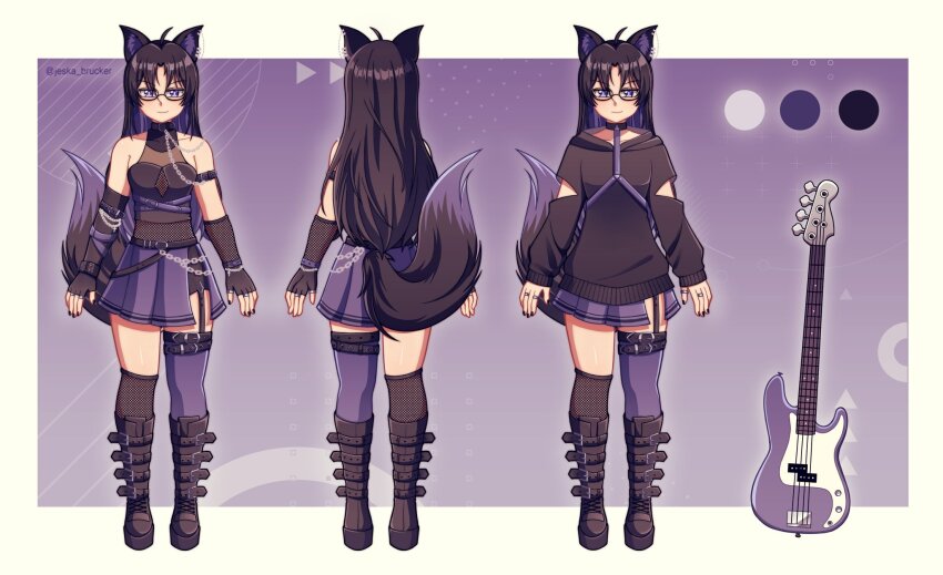 1girl ahoge animal_ear_fluff animal_ears arm_belt arm_cutout asymmetrical_legwear bare_shoulders bass_guitar belt belt_boots belt_collar black-framed_eyewear black_belt black_boots black_choker black_gloves black_hair black_nails black_sweater black_tail boots borrowed_character chain chest_belt chest_strap choker closed_mouth collar collarbone colored_inner_hair commission fender_precision_bass fingerless_gloves fishnet_gloves fishnet_socks fishnet_top fishnets fox_ears fox_girl fox_tail from_behind full_body garter_straps glasses gloves highres instrument jeska_brucker jewelry light_smile long_hair mismatched_legwear multicolored_hair multiple_belts multiple_rings multiple_views original pleated_skirt purple_background purple_eyes purple_hair purple_skirt purple_tail purple_thighhighs reference_sheet renna_(arsenixshirogon) ring second-party_source side_slit single_garter_strap skirt sleeves_past_wrists socks standing sweater tail thighhighs turnaround twitter_username variations zettai_ryouiki