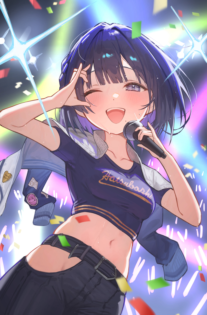 1girl ;d absurdres belt black_hair blue_eyes blush clothes_writing collarbone colored_inner_hair commentary confetti cowboy_shot gakuen_idolmaster glowstick hataya_misuzu highres hip_vent holding holding_microphone idolmaster jacket jacket_on_shoulders looking_at_viewer medium_hair microphone midriff multicolored_hair navel one_eye_closed open_mouth penlight_(glowstick) pinky_out pulmo_(artist) purple_hair short_sleeves smile solo stage_lights teeth two-tone_hair upper_teeth_only