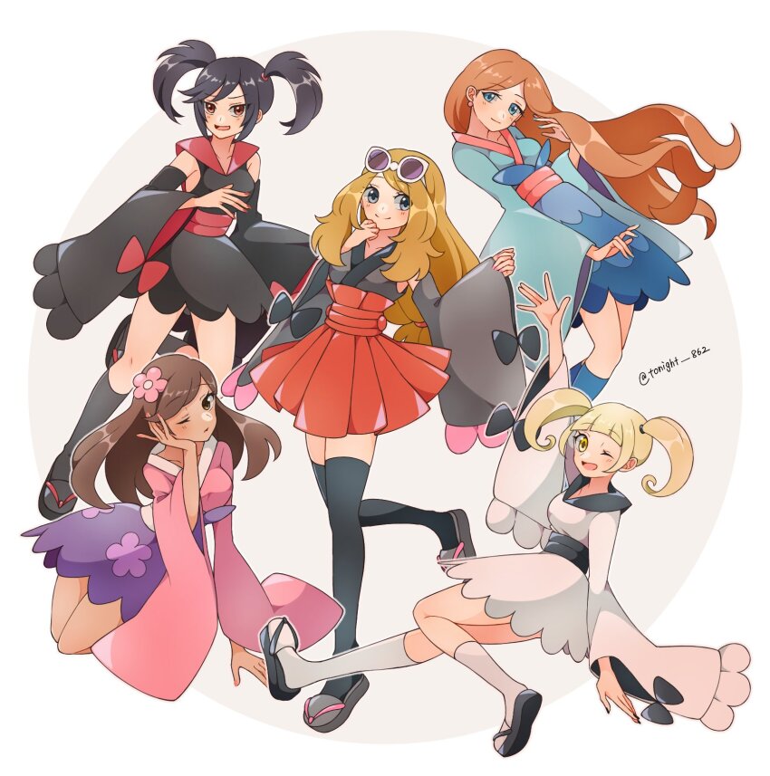 5girls artist_name black_dress black_hair black_socks black_thighhighs blonde_hair blue_eyes brown_hair closed_mouth commentary_request detached_sleeves dress eyewear_on_head furisode_girl_(pokemon) furisode_girl_blossom furisode_girl_kali furisode_girl_katherine furisode_girl_linnea hand_on_own_face highres leaning_back long_hair looking_at_viewer multiple_girls nintendo no_headwear one_eye_closed open_mouth pleated_skirt pokemon pokemon_xy rain_(tonight_862) red_eyes red_skirt sandals serena_(pokemon) short_hair skirt smile socks sunglasses thighhighs twintails twitter_username white-framed_eyewear white_socks wide_sleeves yellow_eyes