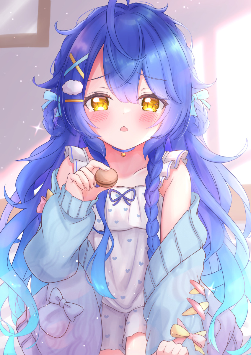 absurdres ahoge amamiya_kokoro amamiya_kokoro_(6th_costume) bell blue_hair blush choker collarbone commentary fang food hair_between_eyes hair_ornament highres incoming_food kneeling long_hair looking_at_viewer macaron matcha_november neck_bell nijisanji open_mouth skin_fang valentine very_long_hair virtual_youtuber worried x_hair_ornament yellow_eyes