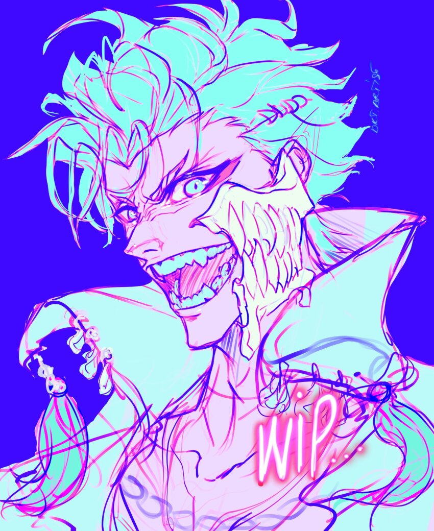arrancar artistdkt bleach blue_background blue_eyes blue_hair broken_mask espada grimmjow_jaegerjaquez highres hollow_mask jacket looking_at_viewer male_focus mask monochrome open_mouth sharp_teeth short_hair simple_background smile solo teeth unfinished