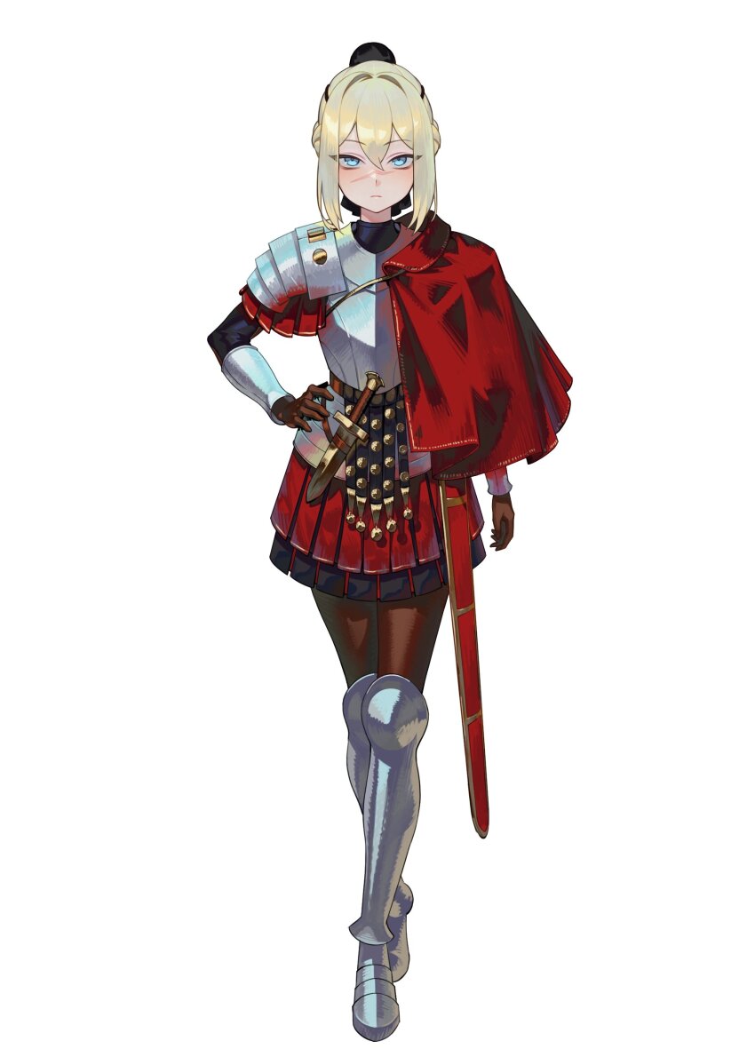 1girl absurdres arm_guards armor armored_boots black_headband black_pantyhose black_shirt blonde_hair blue_eyes boots braid breastplate brown_gloves cape closed_mouth commentary cuirass dagger english_commentary expressionless full_body gemi_ningen gloves greaves hand_on_own_hip headband highres knife looking_at_viewer original pantyhose pathfinder pauldrons pleated_skirt red_cape red_skirt scar scar_on_face scar_on_nose sheath sheathed shirt short_hair shoulder_armor side_cape sidelocks simple_background skirt solo standing sword vambraces weapon white_background