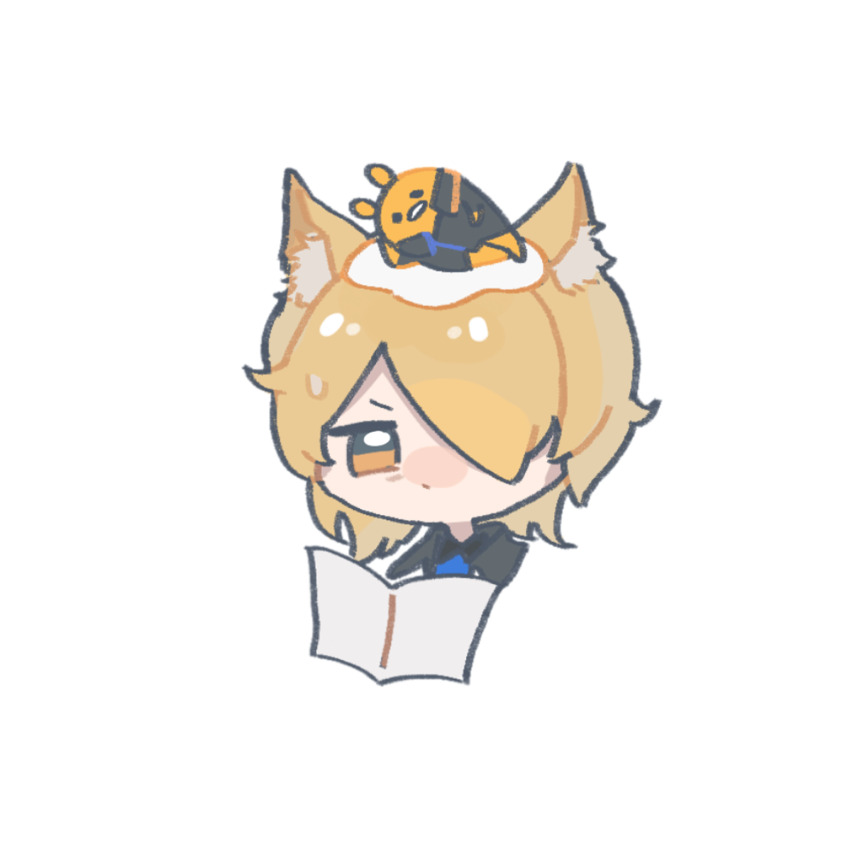 1boy animal_ear_fluff animal_ears annoyed arknights bags_under_eyes black_shirt blonde_hair blue_necktie chibi chinese_commentary closed_mouth commentary_request creature_on_head cropped_torso fox_ears frown gudetama hair_over_one_eye highres male_focus map medium_hair mlynar_(arknights) necktie qianwa_shi_biao sanrio shirt simple_background solo v-shaped_eyebrows white_background yellow_eyes